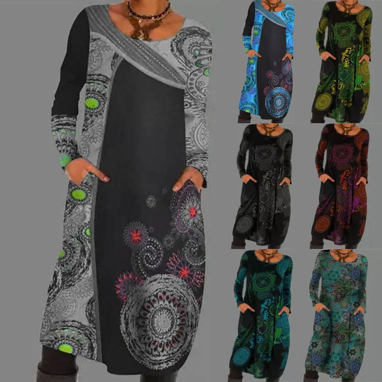 Popular Polyester Fiber Women's Print Dress Long Pullover