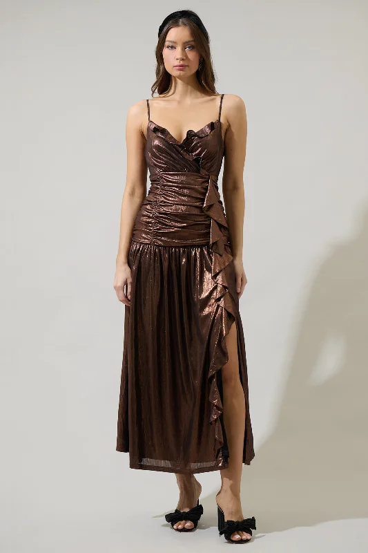 Off - the - Shoulder Women Dress for a Romantic and Feminine LookRina Metallic Bristol Ruched Maxi Dress Off - the - Shoulder Women Dress for a Romantic and Feminine LookRina Metallic Bristol Ruched Maxi Dress