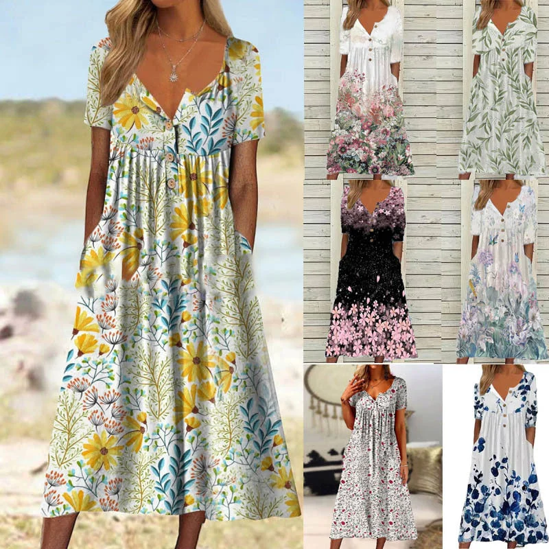 Long - Sleeve Women Dress in Velvet for a Luxurious Winter LookSpring Printed V-neck Button Long Skirt Short Sleeve Women's Pocket Dress Long - Sleeve Women Dress in Velvet for a Luxurious Winter LookSpring Printed V-neck Button Long Skirt Short Sleeve Women's Pocket Dress
