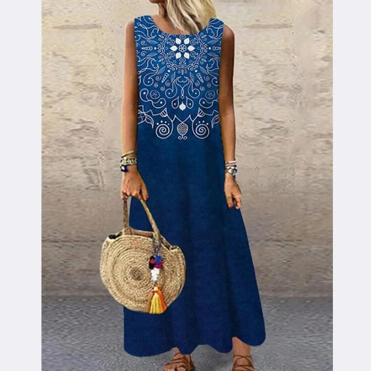 Maxi Women Dress with Floral Print for a Bohemian VibeSummer Popular Digital Printing Flower Round Neck Sleeveless Loose Printed Long Skirt Women's Dress Maxi Women Dress with Floral Print for a Bohemian VibeSummer Popular Digital Printing Flower Round Neck Sleeveless Loose Printed Long Skirt Women's Dress