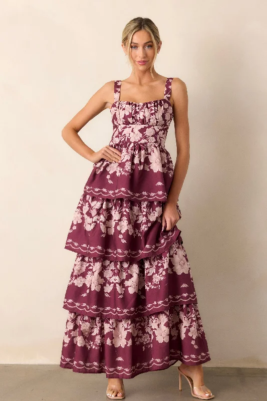 Halter Neck Women Dress to Show Off the Shoulders and NecklineSweet Reminiscence Wine Floral Tiered Maxi Dress