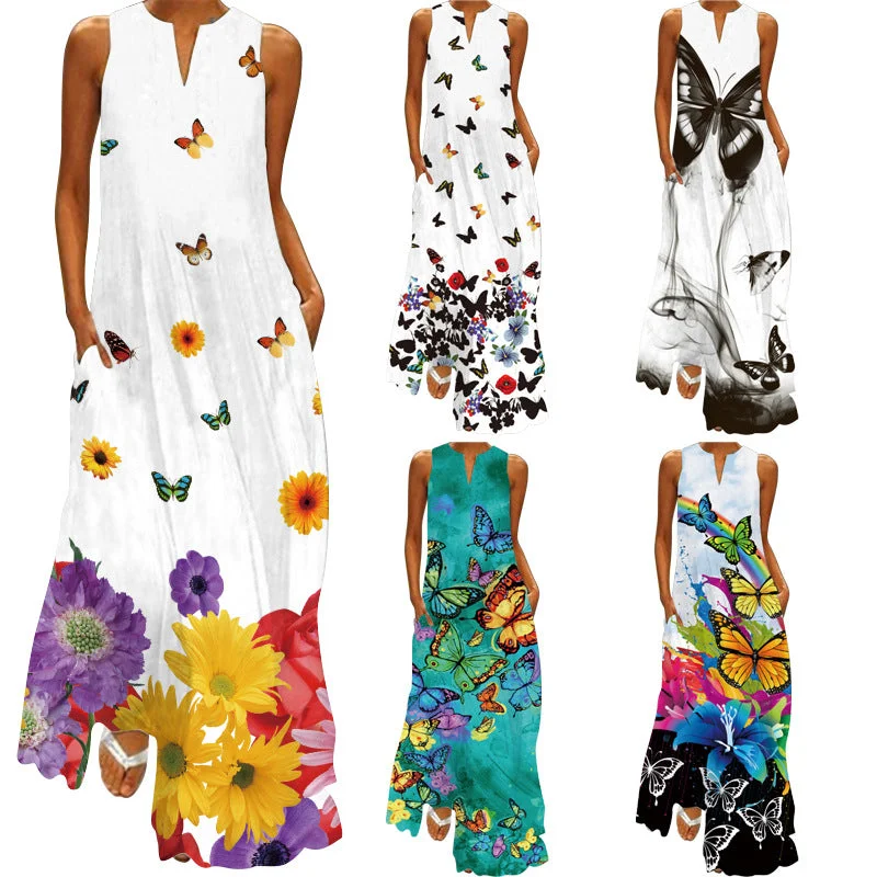 Swing Summer Women's Fashion Sexy Digital Printed V-neck Sleeveless Pocket Dress