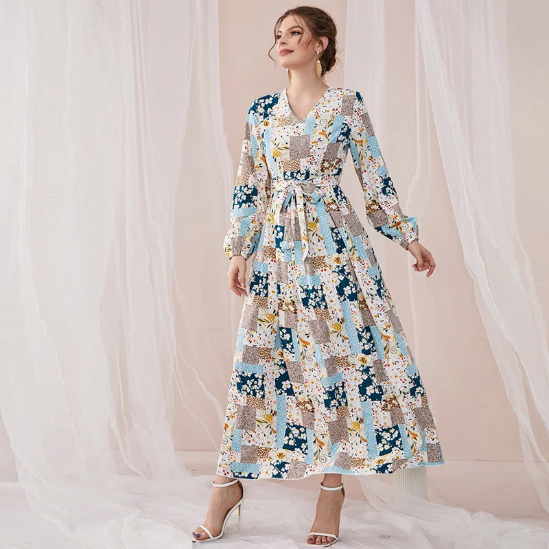 V-neck Long Sleeve Floral Print Maxi Dress