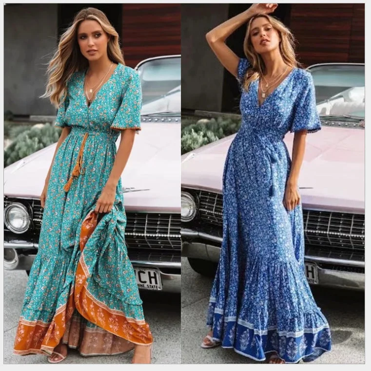 Maxi Women Dress with Floral Print for a Bohemian VibeWomen's Printed Temperament Commute Stitching Tassel Maxi Dress Maxi Women Dress with Floral Print for a Bohemian VibeWomen's Printed Temperament Commute Stitching Tassel Maxi Dress