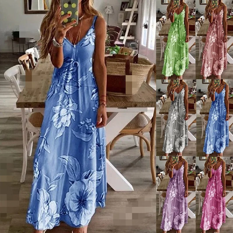 Plus Size Women Dress with a Flattering A - Line Cut for Comfort and StyleWomen's Summer Digital Sling Style Printing V-neck Sleeveless Dress Plus Size Women Dress with a Flattering A - Line Cut for Comfort and StyleWomen's Summer Digital Sling Style Printing V-neck Sleeveless Dress