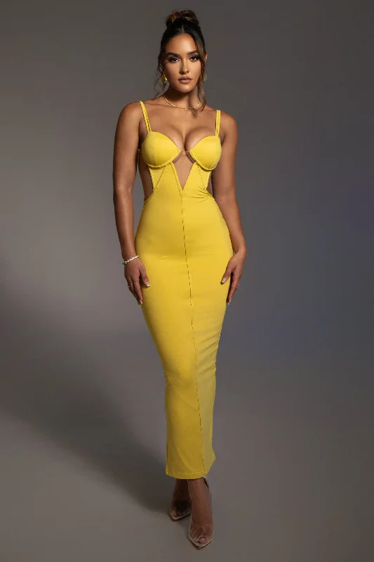 Plus Size Women Dress with a Flattering A - Line Cut for Comfort and StyleYellow Enchantment Bustier Maxi Dress Plus Size Women Dress with a Flattering A - Line Cut for Comfort and StyleYellow Enchantment Bustier Maxi Dress