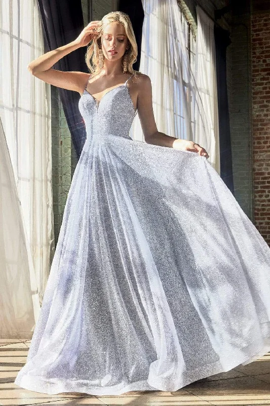 Cinderella Divine - CD205 Plunging V-neck Glitter A-line Dress