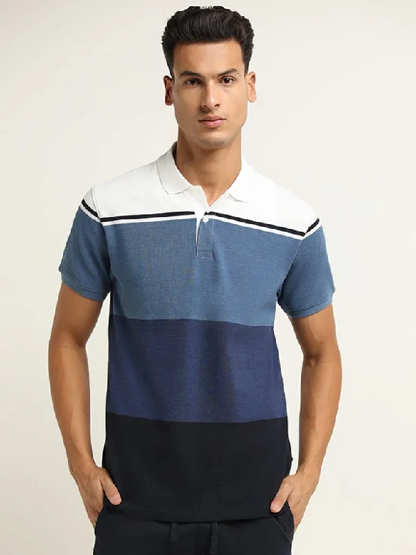 WES Casuals Blue Striped Cotton Blend T-Shirt