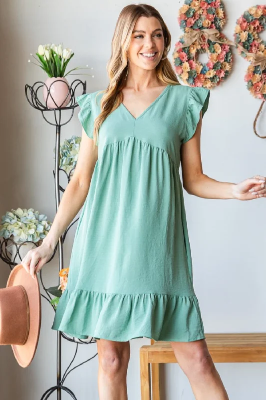 Short Sleeve V Neck Ruffled Hem Dress